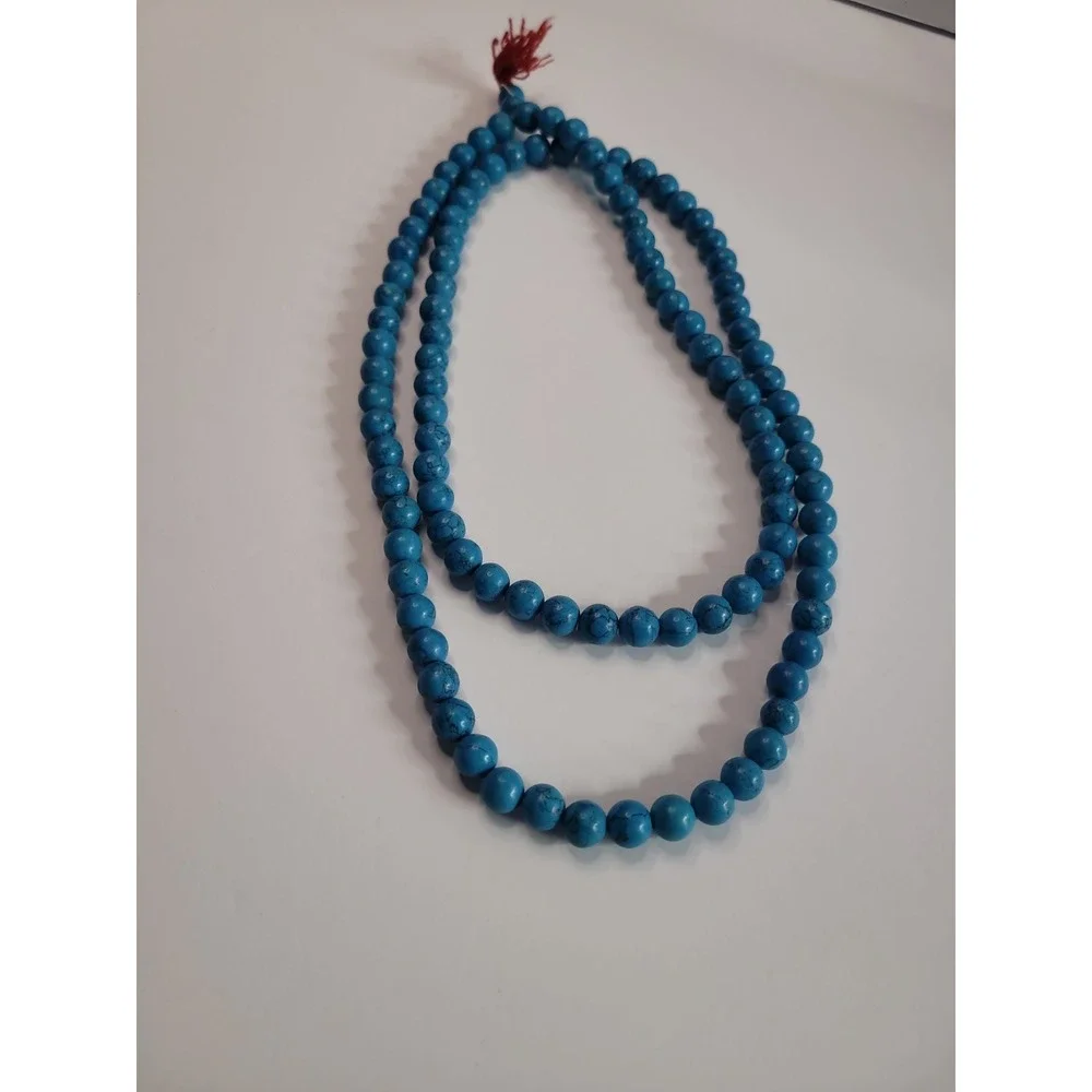 Blue Black Veined Round Bead Long Necklace Southwestern Boho Statement Jewelry